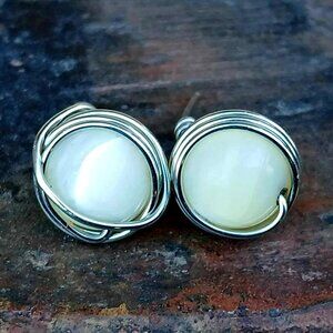 Upcycled Vintage Shell Beaded Studs, Shell Earrings, Wire Wrapped, Silver